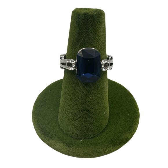 Stunning Silver-Plated Ring With Large Blue Stone & Rhinestones Stretch Adj - Picture 1 of 5